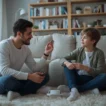 Father having an open conversation with his daughter about internet safety at home