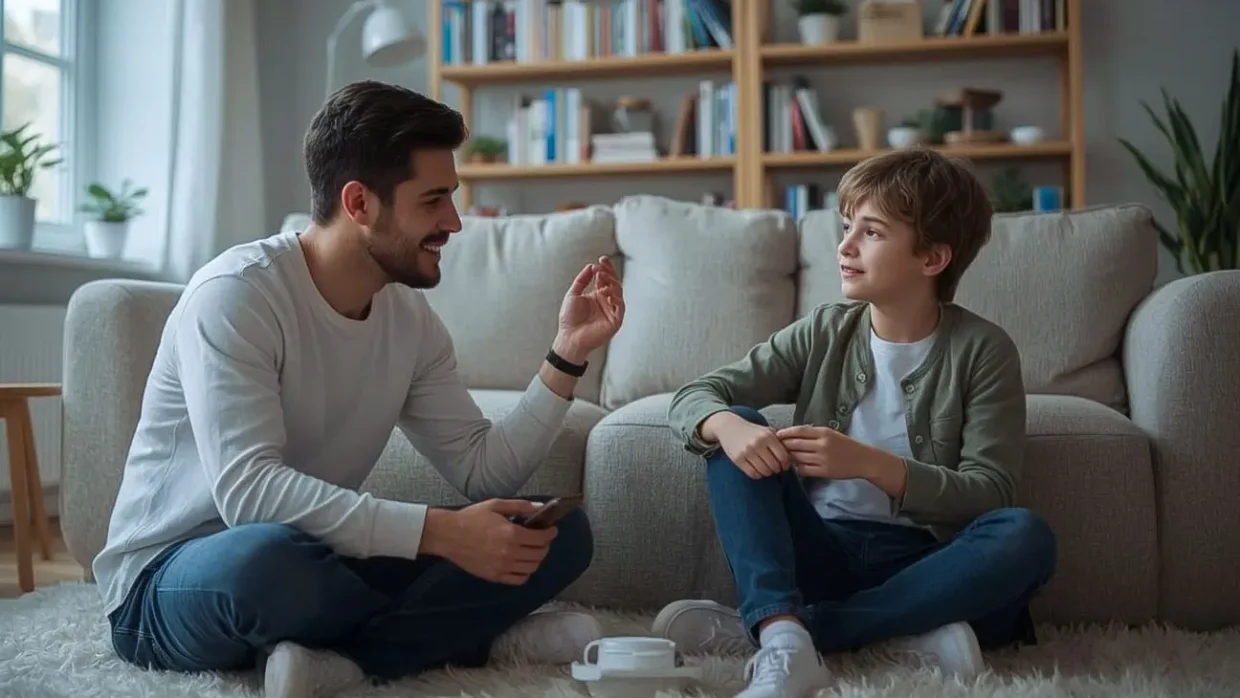 Father having an open conversation with his daughter about internet safety at home
