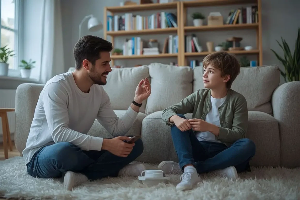 Father having an open conversation with his daughter about internet safety at home