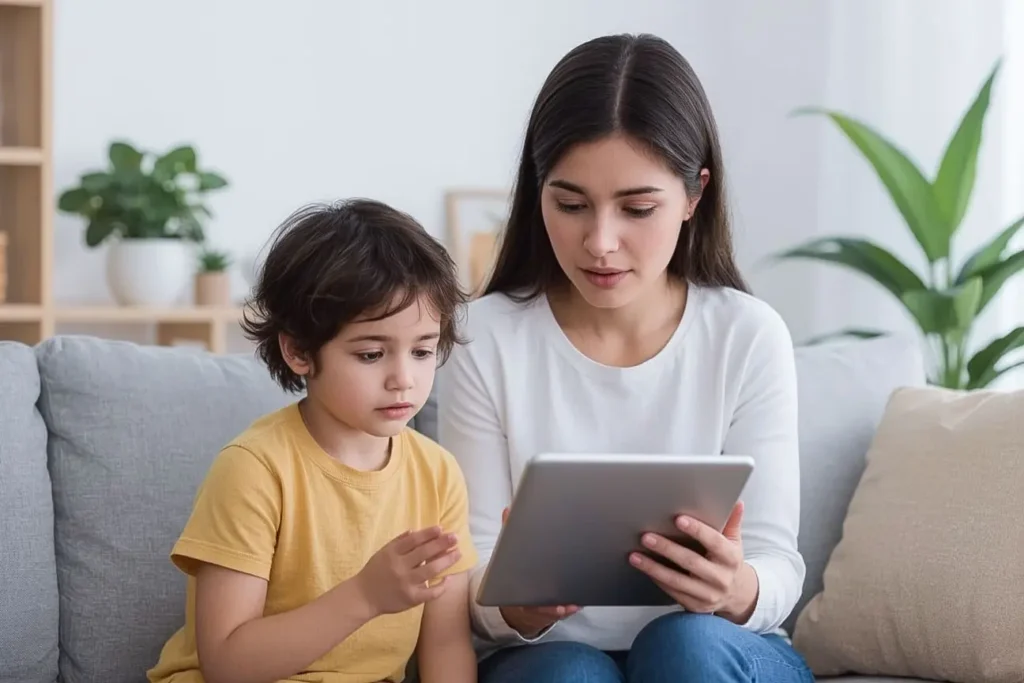 Mother explaining internet strangers to her child while using a tablet in a calm home setting to teach online safety.