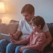 Parent sitting with child on the couch, gently guiding tablet use during a calm tech-time discussion at home.