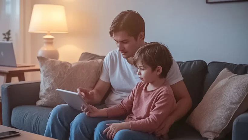 Parent sitting with child on the couch, gently guiding tablet use during a calm tech-time discussion at home.