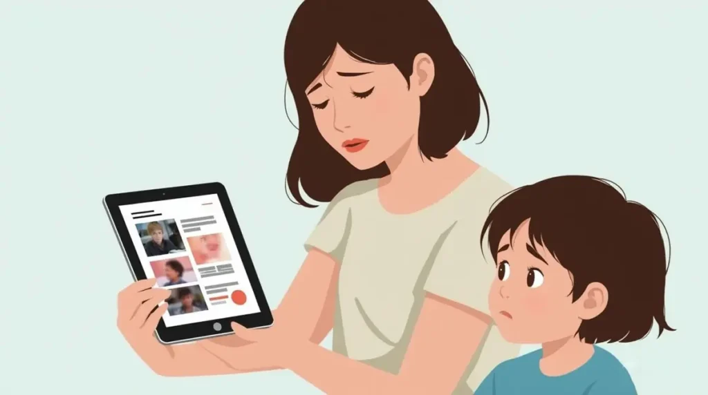 Parent reviewing a child’s tablet with blurred questionable thumbnails to check YouTube Kids safety