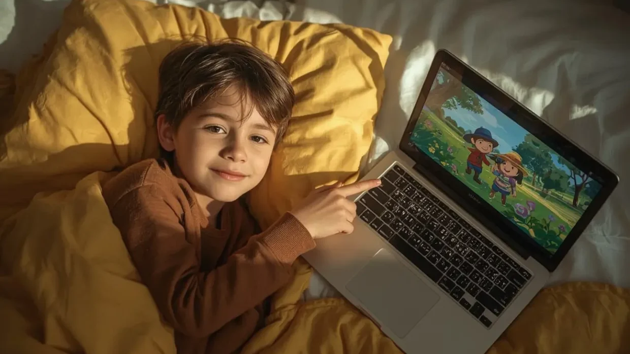 Child watching a laptop while a parent reviews YouTube Kids safety settings