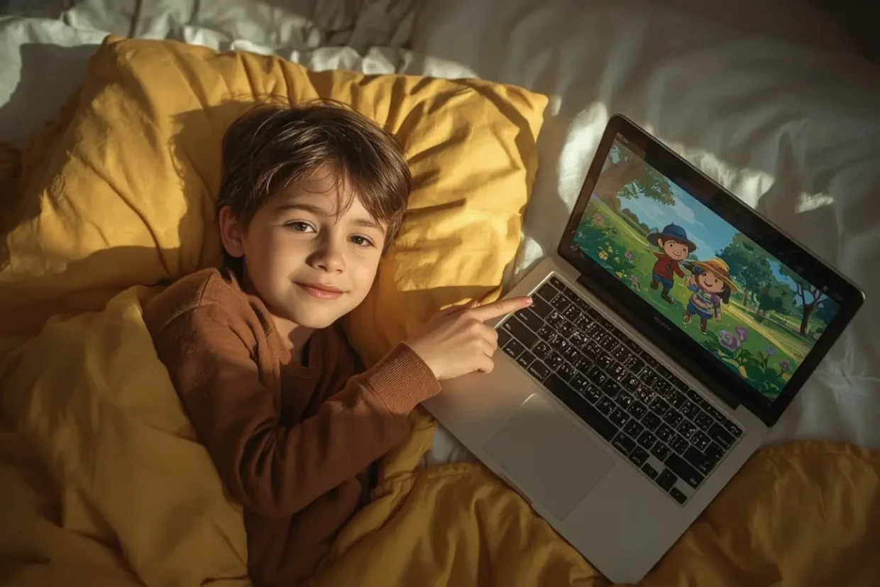 Child watching a laptop while a parent reviews YouTube Kids safety settings