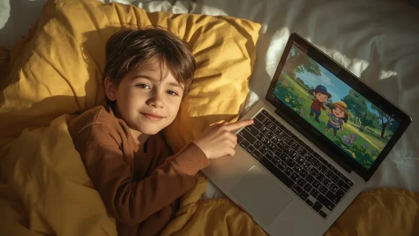 Child watching a laptop while a parent reviews YouTube Kids safety settings