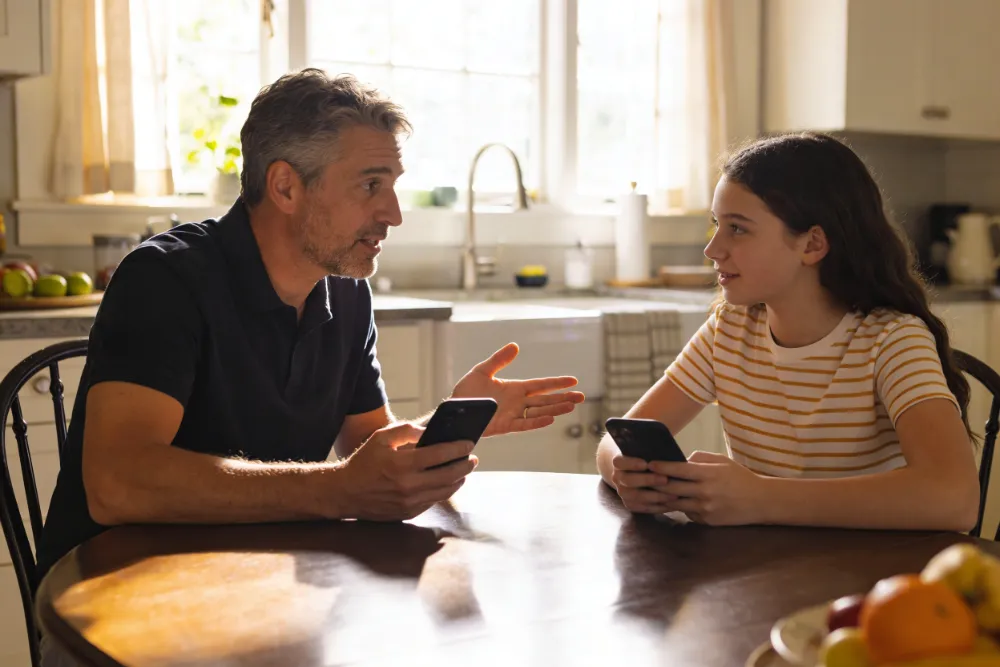 A father calmly talking with his daughter about the dangers of talking to strangers online